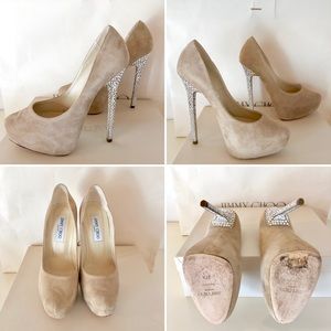 💯Jimmy Choo Nude Suede Crystal heel platform pump